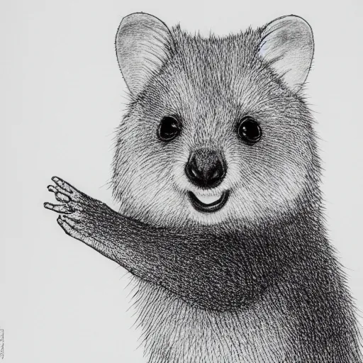 Prompt: single line drawing of a happy quokka, monochrome, mono, one line, line drawing, unbroken, minimalist, no background, white space, white background, black and white