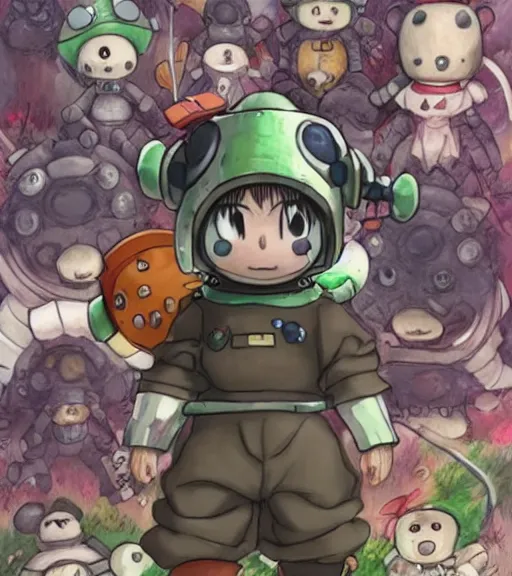 Prompt: beautiful little boy wearing an cyborg bear suit, artwork in kentaro miura and made in abyss and sakimichan, inspired in super bomberman, smooth, beautiful lightness, anatomically correct, trending on pixiv, space