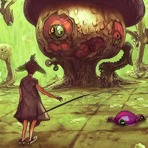 Image similar to A scary godlike fairy killing a frog. award winning. superb resolution. in the art style of junji Ito and greg rutkowski . Detailed Mushroom city in background. Hyper realistic anime. Perfect art. Dalle2