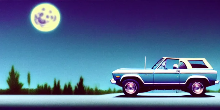 Image similar to a cinematic keyframe matte painting of a sleek 1 9 7 0 s vaporwave concept vehicle retro - futurism sci - fi sky blue ford bronco designed by karmann ghia in an open garage in the colorado, view from the street. in the moonlight. by eric lafforgue, glennray tutor and edward hopper, greg rutkowski. trending on artstation.