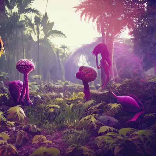 Image similar to creatures and colorfull plants,cinematic lighthing,nightmare,horror,octane render,