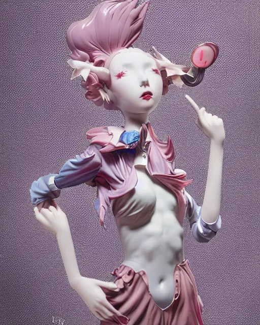Prompt: james jean isolated avant garde vinyl figure high school girl, figure photography, dynamic pose, holographic undertones, glitter accents on figure, anime stylized, accurate fictional proportions, high delicate defined details, ethereal lighting