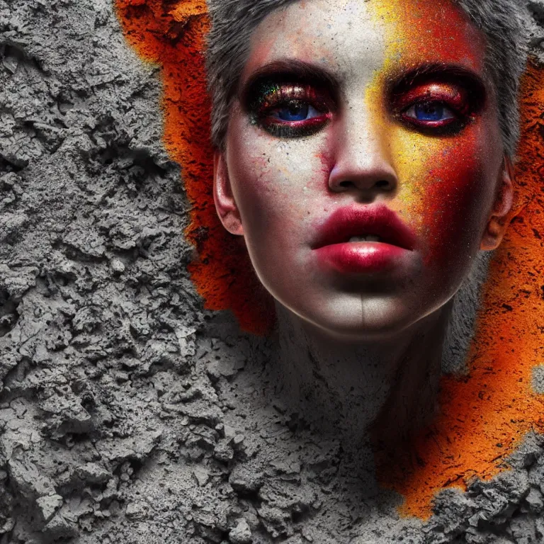 Image similar to wide angle octane render by wayne barlow and carlo crivelli and glenn fabry, the face of a woman with dramatic colorful shimmering makeup breaking through the cement wall of a brutalist government building, cinema 4 d, ray traced lighting, very short depth of field, bokeh