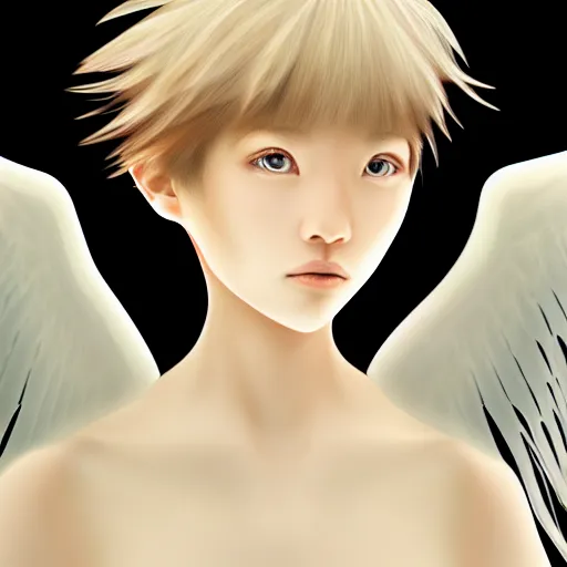 Image similar to portrait shoulder level close up image of a seraphim angel human soul light visualized as human form inspired by yuka morii and aaron blaise