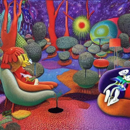 Image similar to psychedelic couch sofa in the lush forest, milky way, designed by moebius, rob gonsalves, gustav dore, giuseppe arcimboldo and carl barks, louis wain, trending on artstation, mediterranean, star, sharp focus, colorful refracted sparkles and lines, soft light, 8 k 4 k