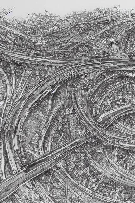 Prompt: The world's most intricate and detailed drawing of a highway intersection after world War , by Kim Jung GI. HD.