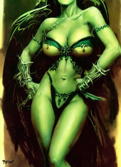 Image similar to ample female necromancer sorceress, green tiara, strong line, deep color, beautiful! coherent! by frank frazetta, by brom, low angle