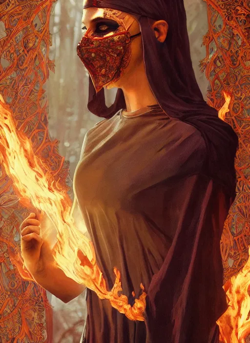 Image similar to masked firestarter inside covens den, intricate wiccan scene detailing, hyperdetailed fire, photorealistic, diffuse lighting, hdrp, artstation, unreal 5, smooth, textless, sharp focus, art by john collier, albert aublet, krenz cushart, artem demura, alphonse mucha