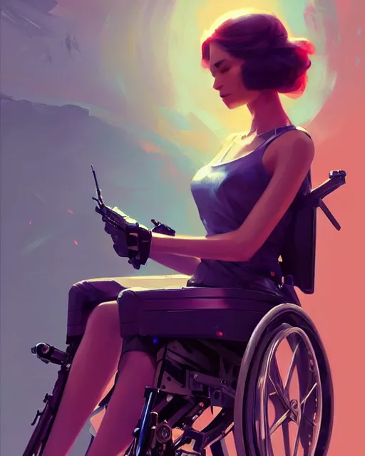 Image similar to masterpiece concept art, a beautiful highly detailed sci - fi lady on wheelchair, artist of 2 2 nd century, cinematic moody colors, realistic shaded lighting poster by ilya kuvshinov, magali villeneuve, artgerm, jeremy lipkin and michael garmash and rob rey,