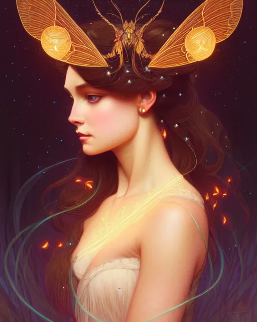 Image similar to symmetry portrait of brunette princess, glam, fae, fireflies, forest background, intricate, elegant, highly detailed, digital painting, artstation, concept art, smooth, sharp focus, illustration, art by artgerm and greg rutkowski and fra angelico and alphons mucha