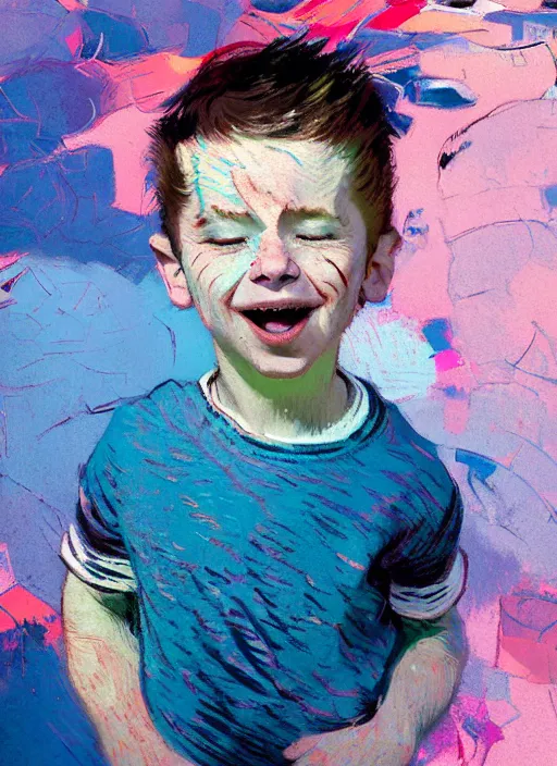 Prompt: portrait of a beautiful little boy, smiling, ecstatic, dancing, eyes closed, open mouth, shades of pink and blue, beautiful face, rule of thirds, intricate outfit, spotlight, by greg rutkowski, by jeremy mann, by francoise nielly, by van gogh, digital painting