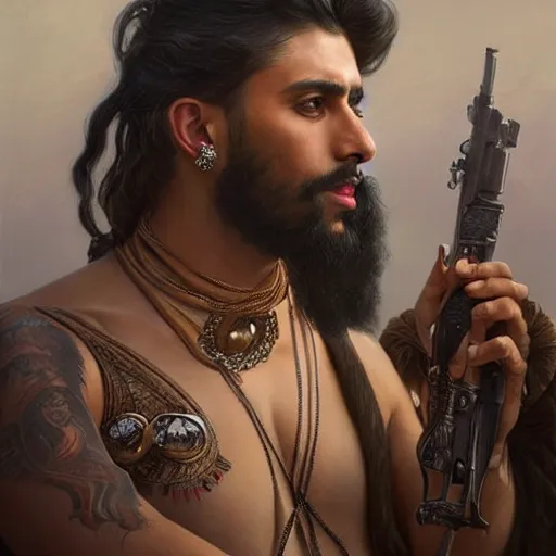 Image similar to portrait of taliban and leather men at gay pride in brighton, real life skin, intricate, elegant, highly detailed, artstation, concept art, smooth, sharp focus, art by artgerm and greg rutkowski and alphonse mucha