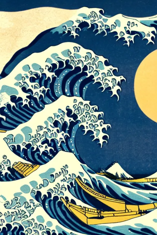 Image similar to The Great Wave off Kanagawa as a Vintage Travel Poster, Moon in the background