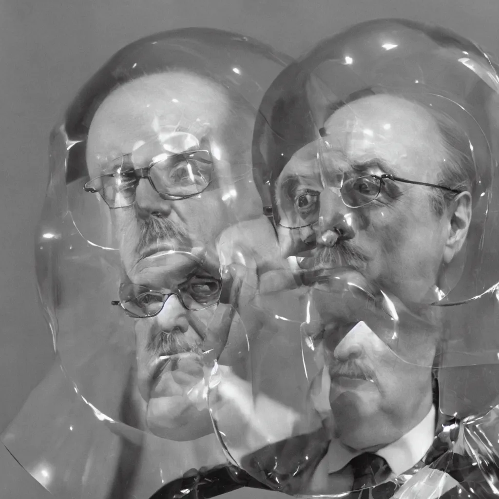 Image similar to Marshall McLuhan trapped in a huge inflatable transparent tube with chrome effect