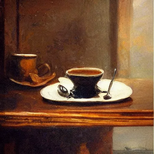 Prompt: spilled coffee on an oak table, ultra realistic romantic period painting in the reflection of the spilled coffee