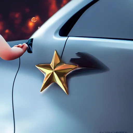 Image similar to ultra - close - up of child's hand attaching a star - shaped sticker to the surface of a car, digital art by ruan jia and mandy jurgens and artgerm, highly detailed, trending on artstation, award winning