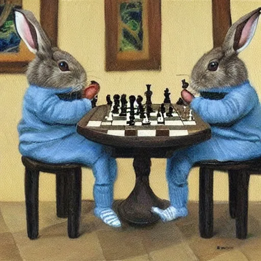 Image similar to rabbits drinking tea and playing chess. Painting of rabbits in sweaters by James Gurney (charming illustration of two cute rabbits).