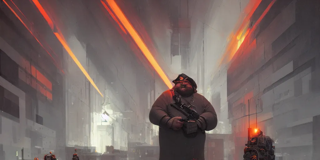 Image similar to portrait of a fat man sci fi soldier ranger, brutalist city architecture, orange dark epic, emissive lights and cables and wires, high details, ceremonial clouds, dripping paint, fibonacci rhythm, artstation, art germ, wlop, pablo dominguez, sabbas apterus, award - winning, artstation