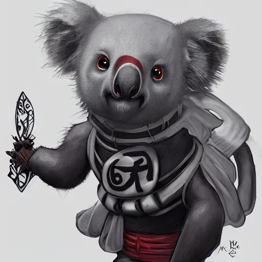 Image similar to an elegant demon koala dressed in a smart black shinobi outfit with naruto band, digital art by łukasz piskorz and patrick mcenvoy and michael komarck, intricate, highly detailed, artstation, concept art, smooth, sharp focus