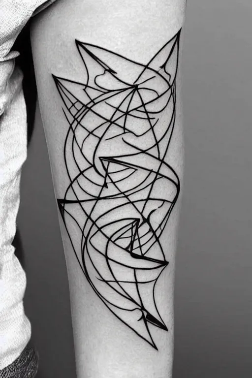 Image similar to a beautiful tattoo design of minimalist flying swallows flying around geometric spirals, black ink, abstract logo, line art