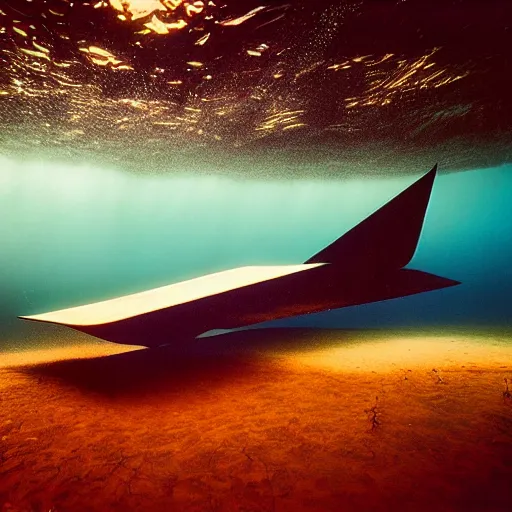 Prompt: dreamlike film photography of a 1880s art nouveau stealth bomber made of wood at night underwater in front of colourful underwater clouds by Kim Keever. In the foreground floats a seasnake. low shutter speed, 35mm