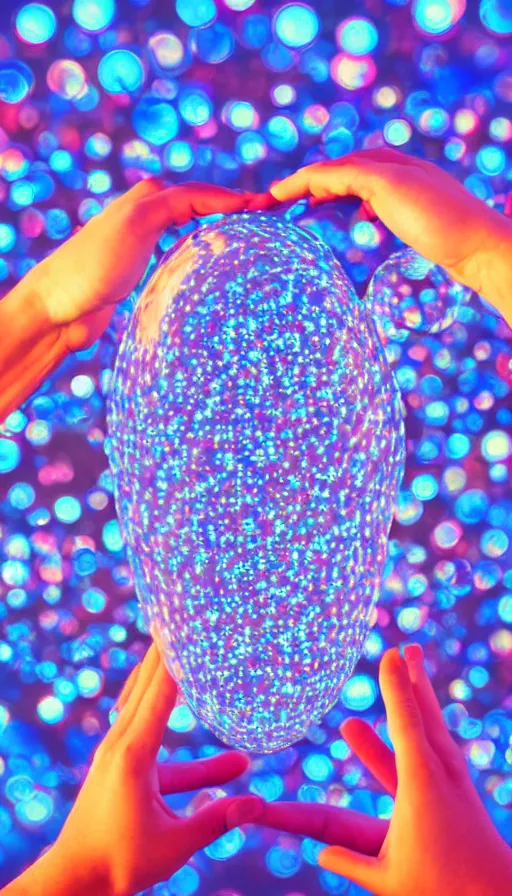 Image similar to photograph of two hands holding a 2ft slightly curved soft background blue blue oblong bubble filled with glowing AR hologram paragraphs in iMessage bubble formed between the arc between the thumb and index finger, AR sentences streaming from your mouth to your hands, chatting at Dolores Park sunset dappled golden hour light