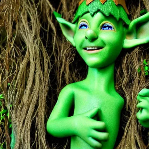 Prompt: forest elf with green skin, hair is leaves from weeping willow tree, elf smiling, fantasy, realistic