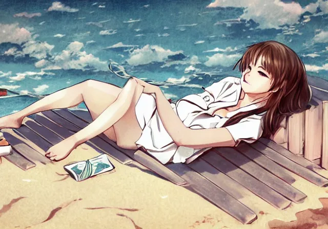 Image similar to A girl with short brown hair, wearing a white blouse, laying on a beach chair, drawn by WLOP, by Avetetsuya Studios, attractive character, colored sketch anime manga panel, trending on Artstation