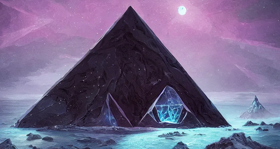 Image similar to black lovecraftian eldritch!! obsidian pyramid!! on a snowy island surrounded by still calm seas, with purple cosmic space in the background by eugene von guerard, ivan shishkin, cosmic space, concept art, trending on artstation, 8 k