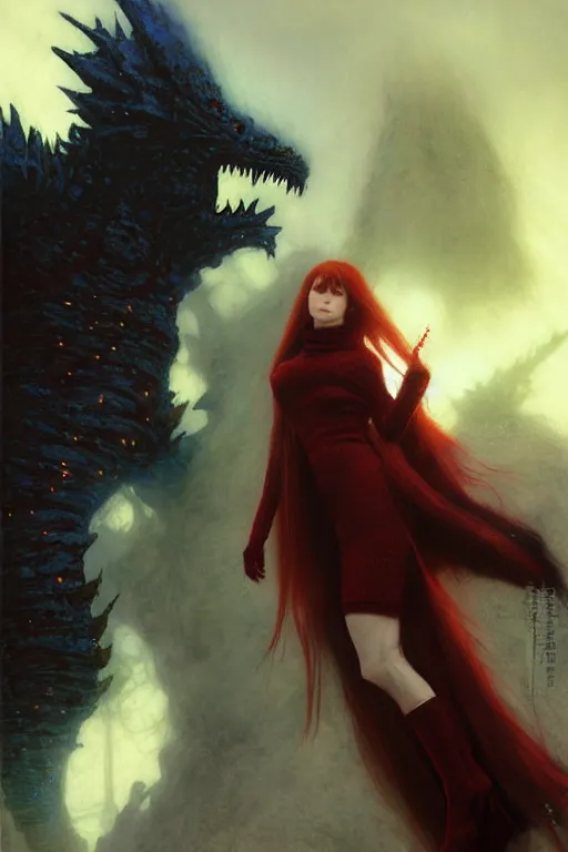 Image similar to beautiful vampire with red eyes and long red hair in a white woollen turtleneck dress, pointing at a small blue shin godzilla, portrait dnd, painting by gaston bussiere, craig mullins, greg rutkowski, yoji shinkawa