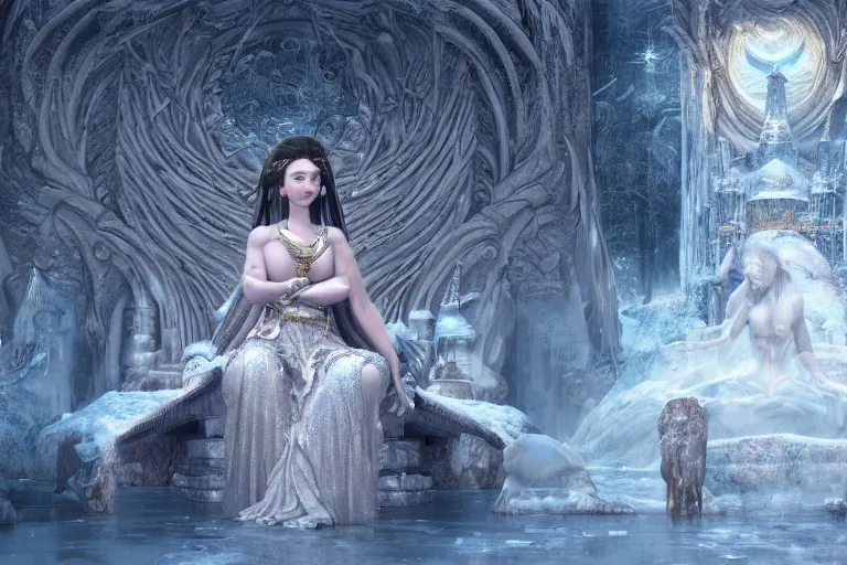 Image similar to a female goddess sitting on a throne in an icy realm at a shrine to worship her at, intricately detailed, physically based rendering, realistic, in the style of WLOP, illustration, epic, fantasy, hyper detailed, smooth, unreal engine, sharp focus, ray tracing