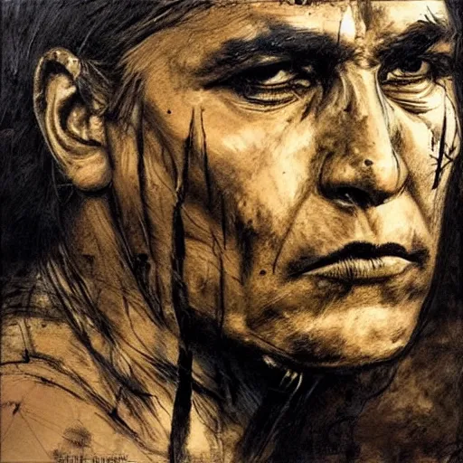 Prompt: A Native American warrior, realistic, sharp focus, 8k high definition, insanely detailed, intricate, elegant, art by Guy Denning