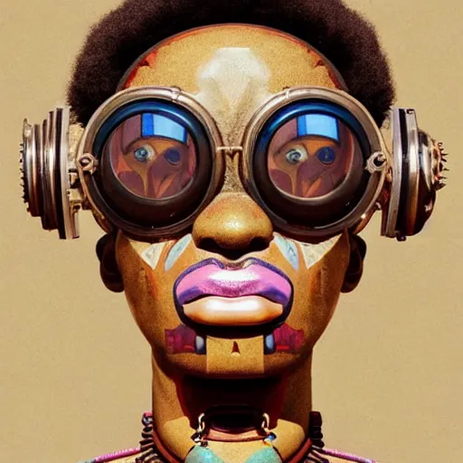 Prompt: colourful vfx upper half - portrait - art of a african tribal chief wearing steam punk goggles, art by utagawa kunisada & james jean, symmetrical, intricate detail, concept art, volumetric light, ray tracing, caricature, digital illustration, octane 3 d render, unreal engine, sharp, pinterest, behance, art station,