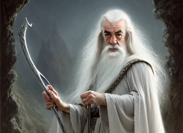 Prompt: white haired sean connery as gandalf, lord of the rings, robes, intricate, elegant, highly detailed, centered, digital painting, artstation, concept art, smooth, sharp focus, illustration, artgerm, tomasz alen kopera, peter mohrbacher, donato giancola, joseph christian leyendecker, wlop, frank frazetta