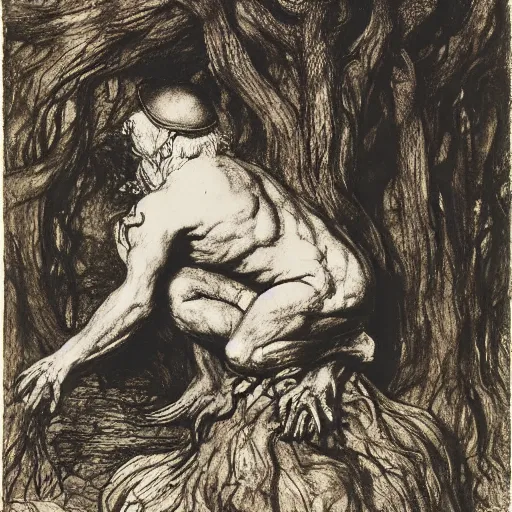 Image similar to toad philosopher The Thinker, swamp, by Auguste Rodin, by Irving Penn, illustrations by irish fairy tales james stephens arthur rackham, illustrations by Stephen Reid