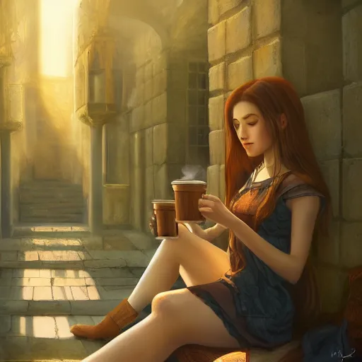 Image similar to a huge fantasy courtyard, a young pretty woman with long hair sits with a coffee, golden morning light, dramatic light, happy cozy feelings, oil painting trending on artstation