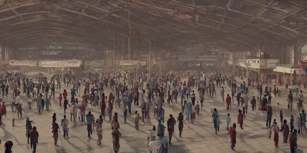 Image similar to cinematic movie scene, establishing shot, interior of an india railway station, bustling with people, sharp focus, unreal engine, octane render, aesthetic