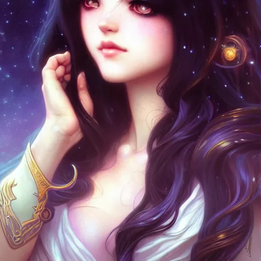 Image similar to a beautiful girl with long dark hair and bangs, sailor moon aesthetic, fantasy, intricate, elegant, highly detailed, digital painting, artstation, concept art, matte, sharp focus, illustration, art by Artgerm and Greg Rutkowski and Alphonse Mucha