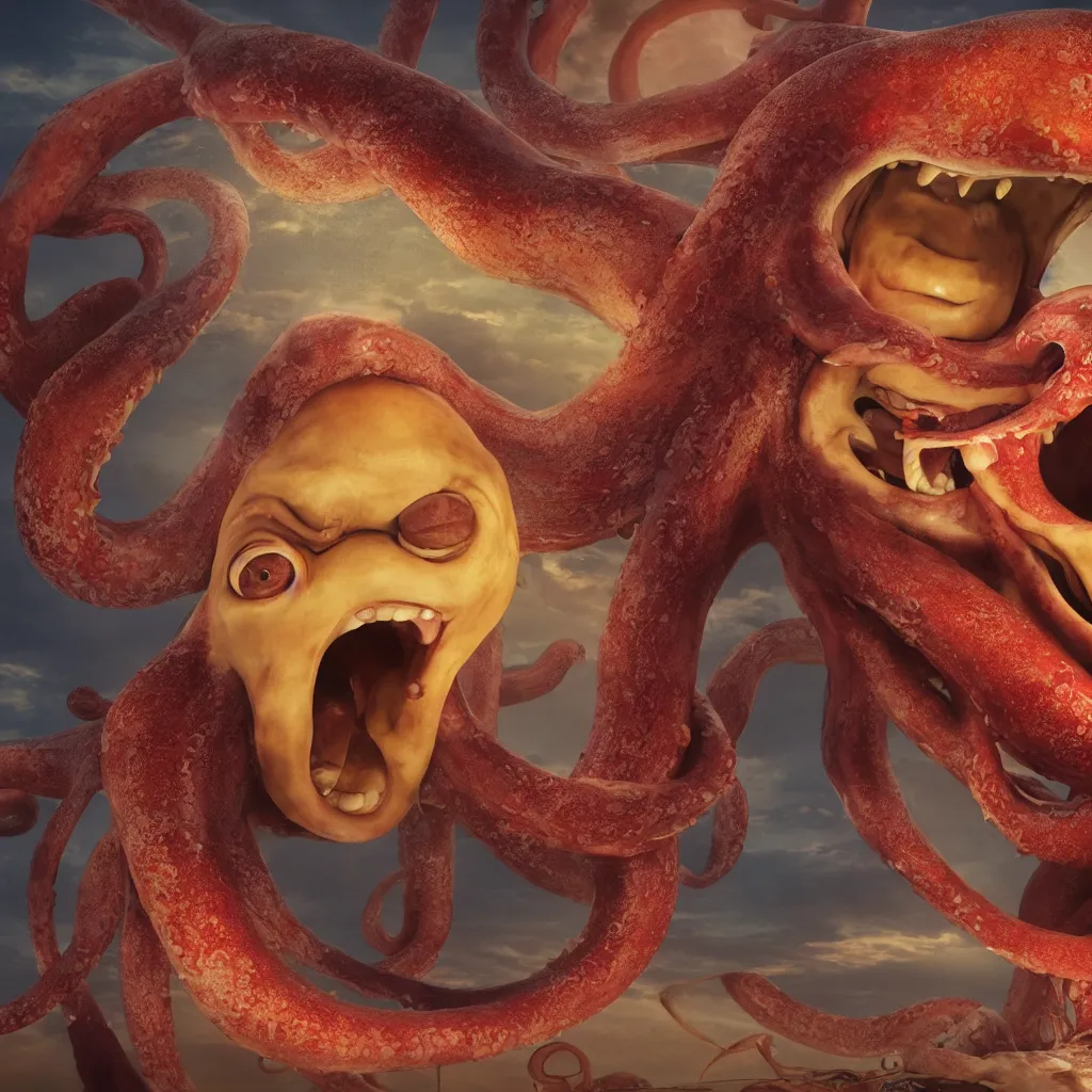 Prompt: a widescreen colorchrome portrait photo of a old happy screaming man holding a giant giant octopus with 6 eyes, style steve mccurry octane render 8 k