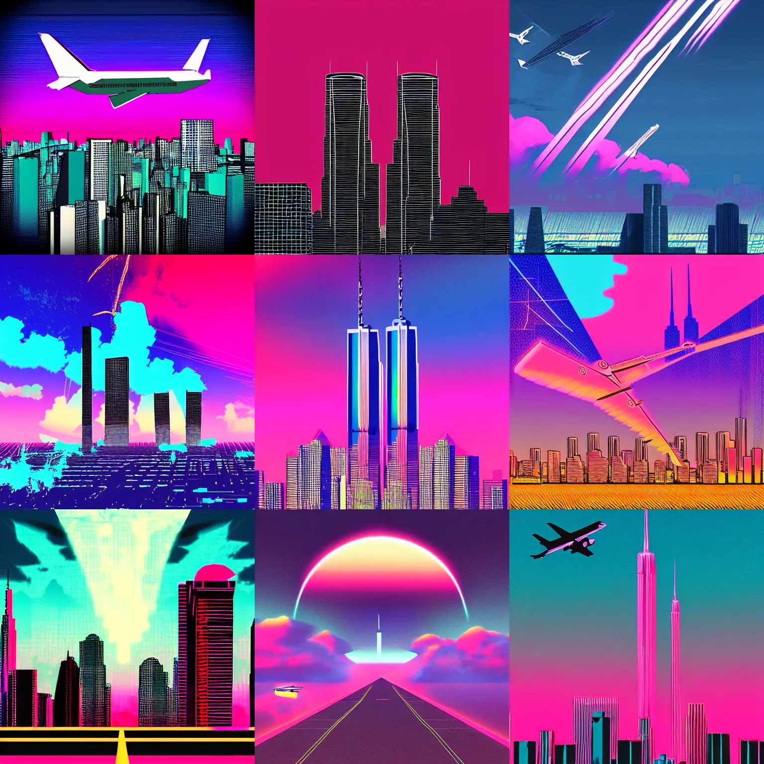 Prompt: airplane crashing into twin towers, outrun synthwave style digital art