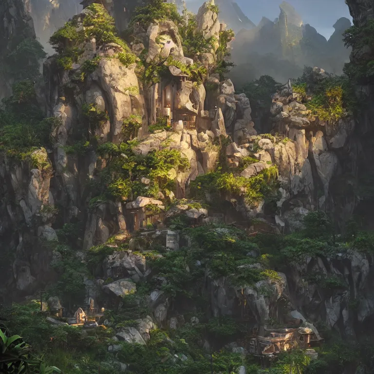 Prompt: secret overwatch living quarters carved inside a mountain surrounding a lush garden, trimmed, magical, natural light, fantasy, minimalist architecture, sharp focus, concept art, by greg rutkowski and craig mullins, atmospheric, octane render