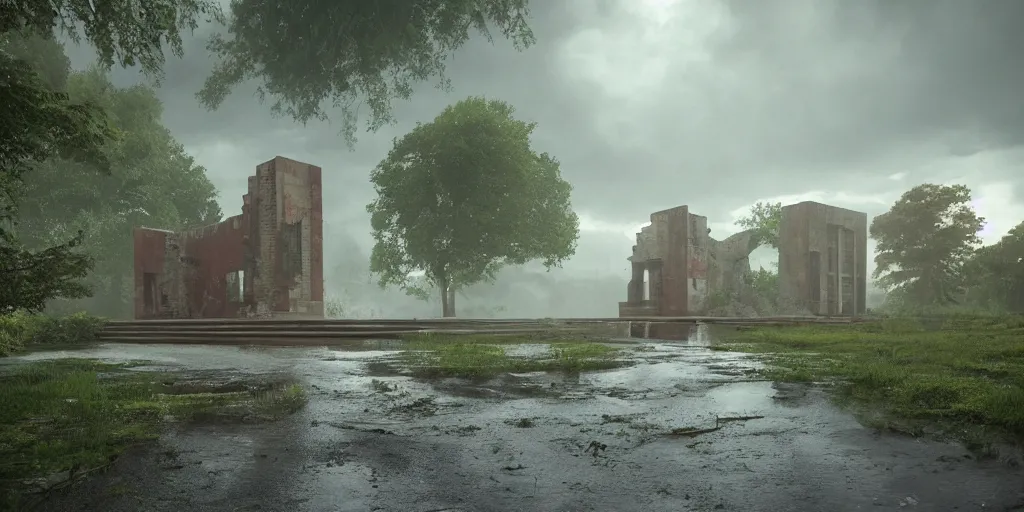 Prompt: abandoned temple of illuminati by le corbusier, empty streetscapes, surrounded by lush green vegetation, ground-level view, puddles of water, stunning volumetric lighting, sunset, trending on Artstation, 8k, photorealistic, hyper detailed, unreal engine 5, cinematic, epic lighting, cryengine, octane render, cyberpunk, red and orange glow, dark, gloomy
