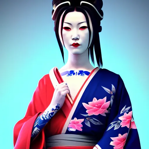 Image similar to an android geisha in a lotus position wearing a flowing kimono and tattoos, octane render, unreal engine, 8 k, cinematic, artwork by ilya kuvshinov