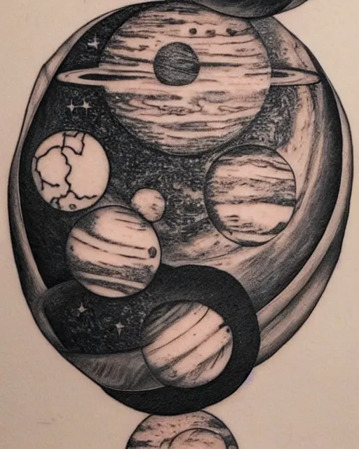 Prompt: planets on the top of a broken renaissance head statue, realism tattoo design, in the style of tony santos