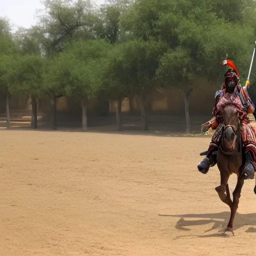 Prompt: a Rajput warrior riding a horse and others are following him,8k Cinematic