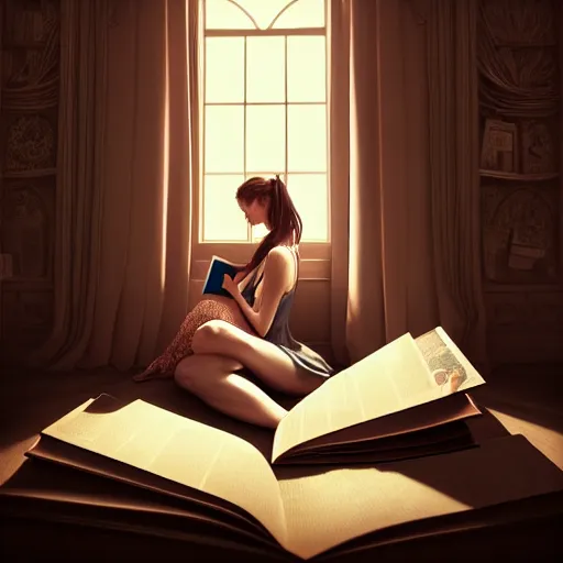 Prompt: portrait of an absurdly beautiful girl reading a book, graceful, sophisticated, hyperdetailed illustration by irakli nadar, maria borges, matt wisniewski style, intricate linework, unreal engine 5 highly rendered, global illumination, detailed and intricate environment