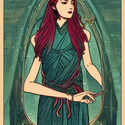 Image similar to a beautiful tarot card of sona with teal colored hair with deep red highlights as a jedi, space fantasy, in the style of magic the gathering, intricate, elegant, highly detailed, digital painting, artstation, concept art, matte, sharp focus, illustration, art by hokusai and jeong seon