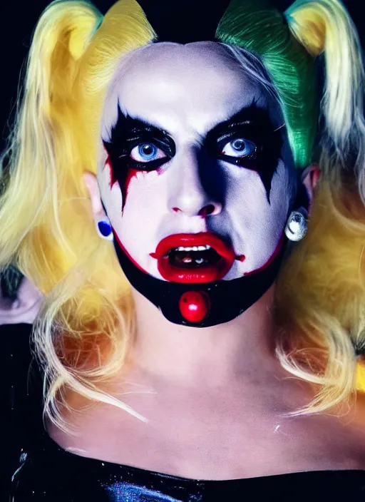 Image similar to portrait of Lady Gaga portraying Harley Quinn while dancing in the movie Joker 2023, dramatic cinematic lighting, extremely detailed facial features, award winning photograph by Annie Leibovitz, 8k