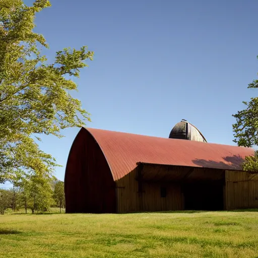 Prompt: a wooden barn with silo designed by Frank Loyd Wright