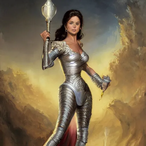 Image similar to A painting of young Lynda Carter wearing a intricate silver armor and holding Excalibur by nuri iyem, james gurney, james jean, greg rutkowski, anato finnstark. hyper detailed